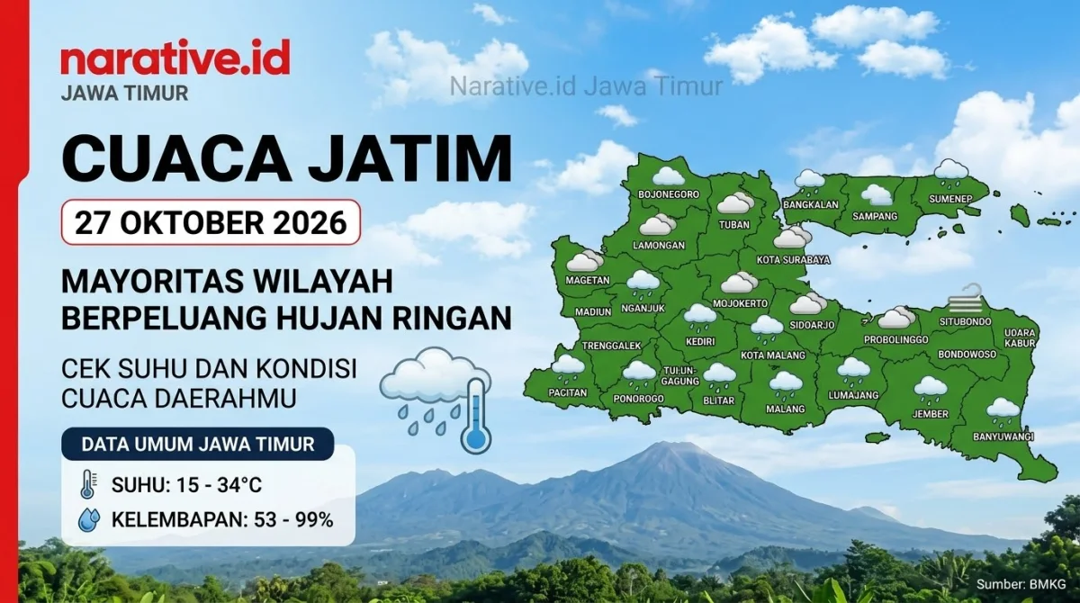 CUACA JAWA TIMUR HARI INI Selasa, 27 Oktober 2026, hujan ringan mendominasi sejumlah wilayah Jawa Timur. Suhu udara berkisar 15–34°C, sementara beberapa daerah diprakirakan mengalami udara kabur.