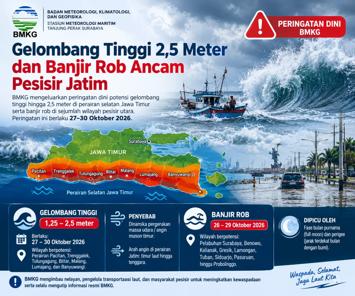 Ilustrasi gelombang tinggi hingga 2,5 meter dan potensi banjir rob di sejumlah wilayah pesisir Jawa Timur. BMKG mengimbau nelayan dan masyarakat pesisir meningkatkan kewaspadaan pada periode 27–30 Oktober 2026